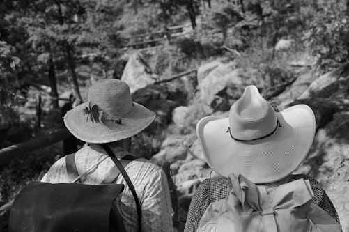 women hiking the trail to Pikes Peak with homemade vintage gear