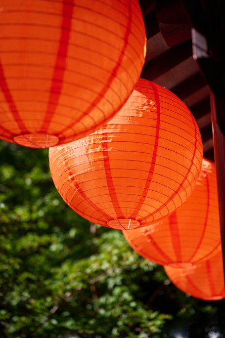 looking up at backlit red-orange Chinese spherical lanterns in a green garden scene