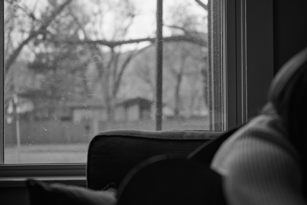 looking outside from a living room through a screen window to the outside over a person’s shoulder