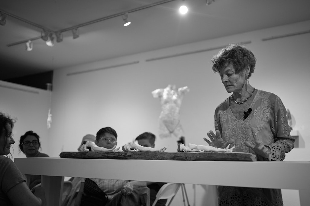 artist Wendy Mike presenting her work at an artist talk at Kreuser Gallery