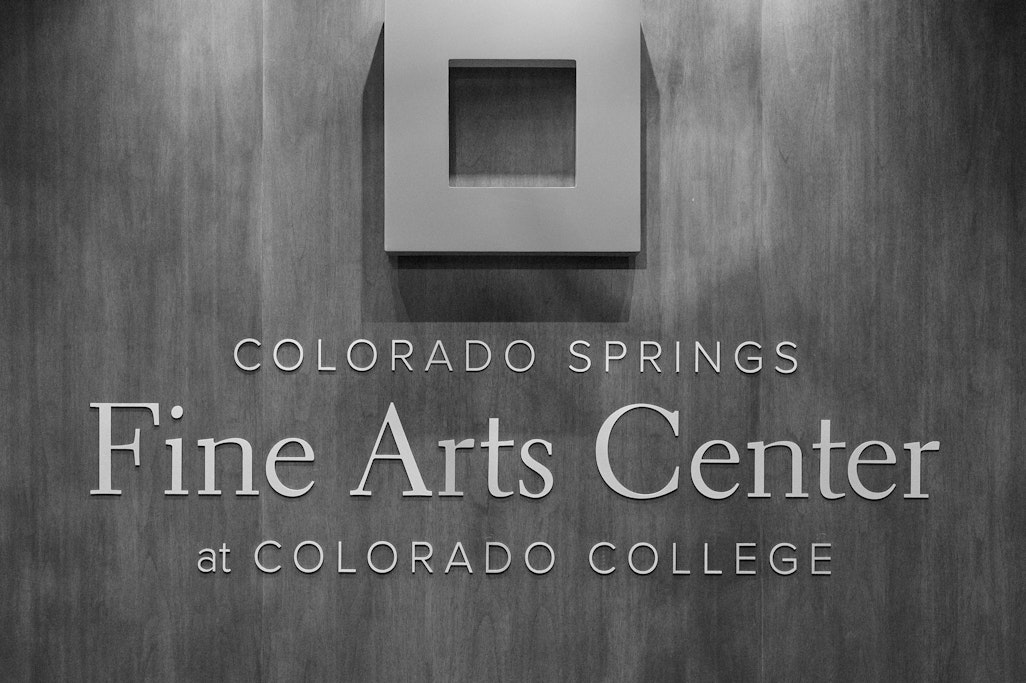 front lobby sign for Colorado Springs Fine Arts Center at Colorado College, monochrome photo
